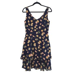VTG! Elizabeth Wayman Floral Dress Ruffle Hem Navy Blue 8 Fairycore Romantic USA